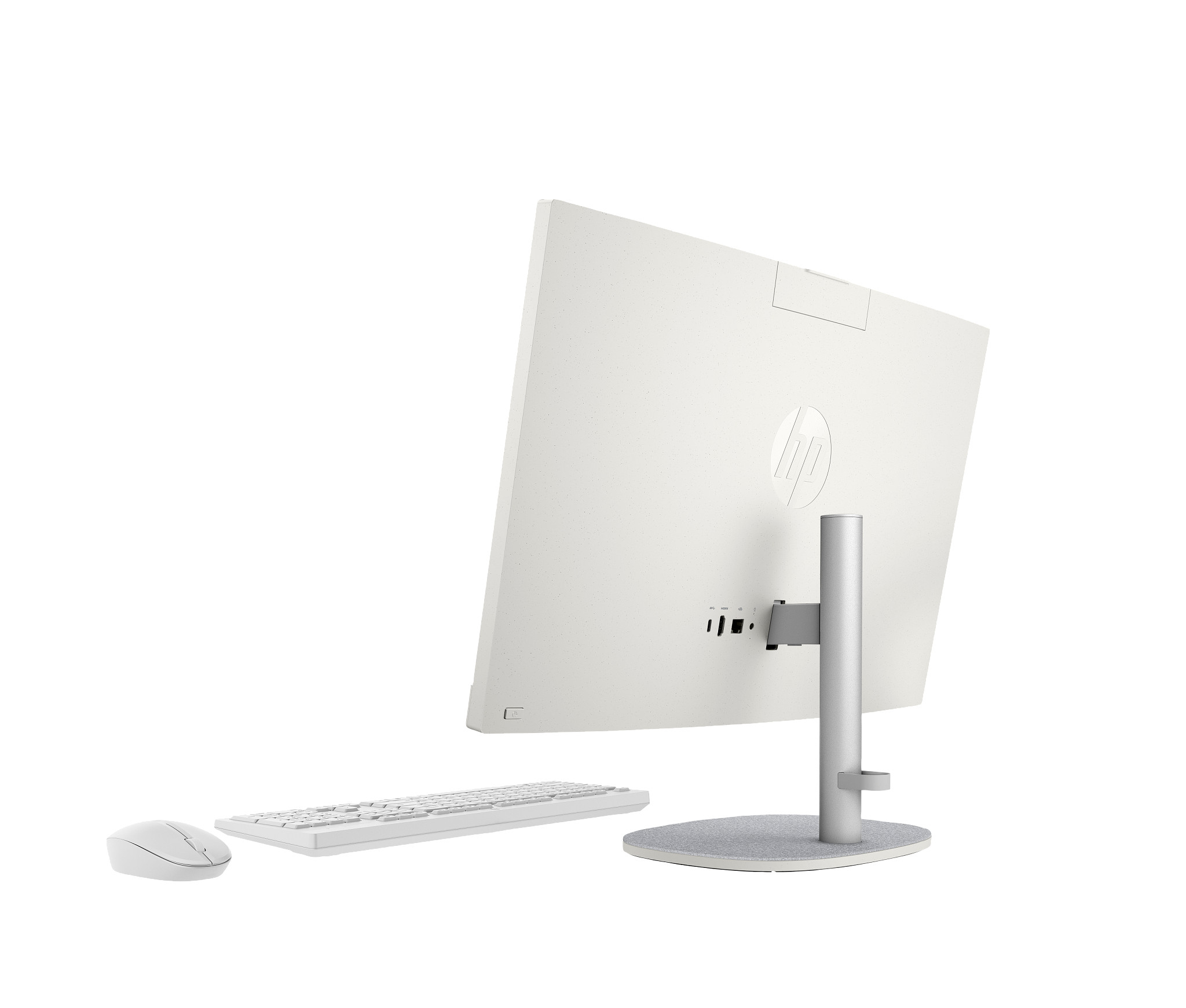 Biały komputer All-in-One z tyłu. Monitor, klawiatura, mysz na białym.