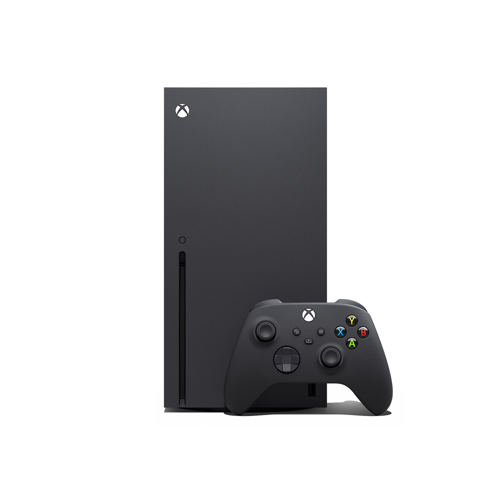 Czarna konsola Xbox Series X i kontroler na białym tle.