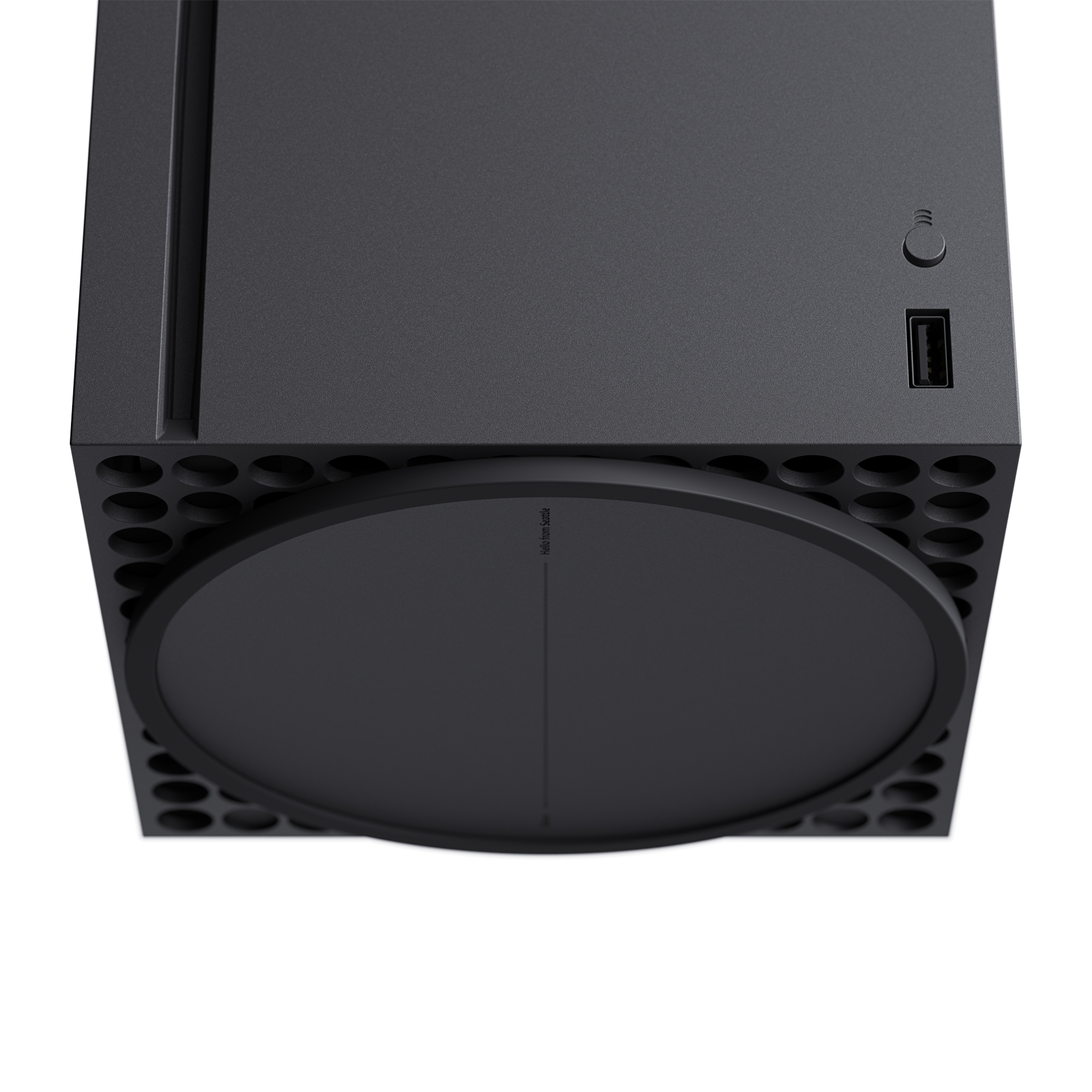 Czarna konsola Xbox Series X, widok z góry i z boku, ze szczegółami.