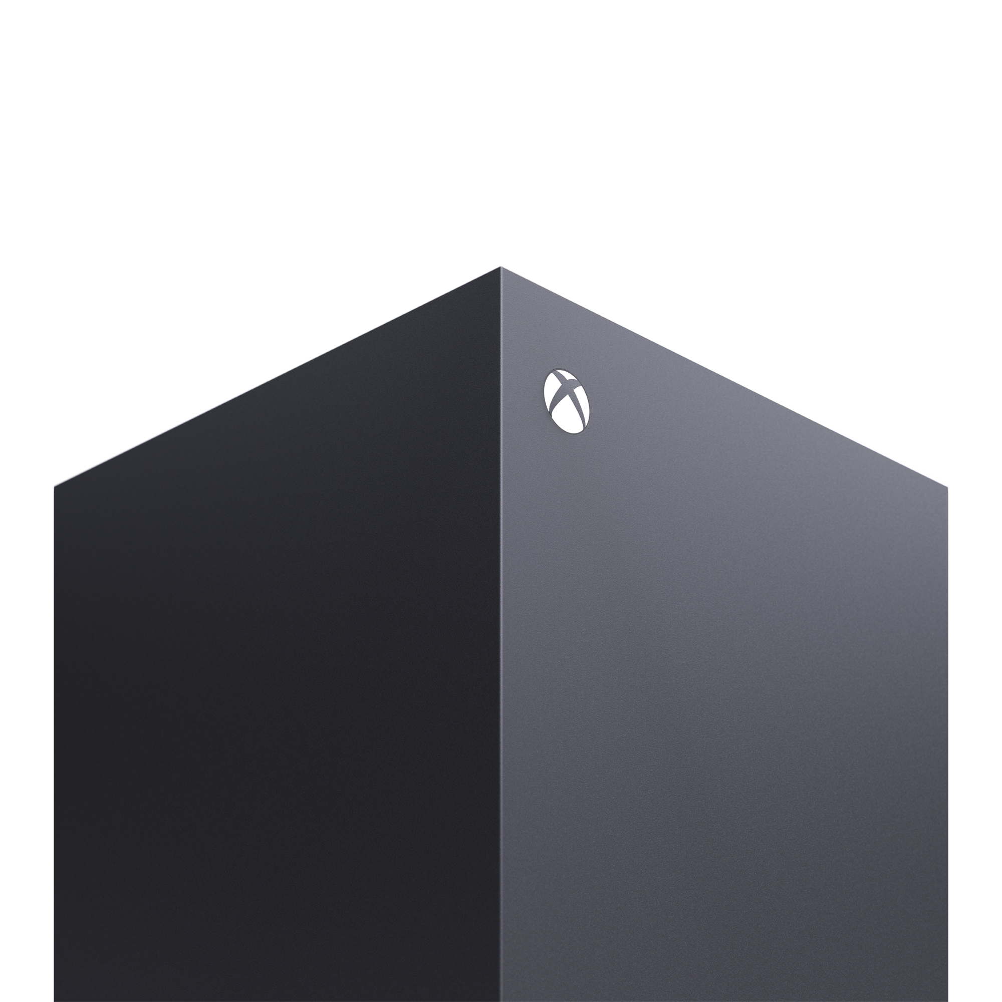 Konsola Xbox Series X, w większości czarna, z logo Xbox na górze. Konsola jest lekko pochylona.