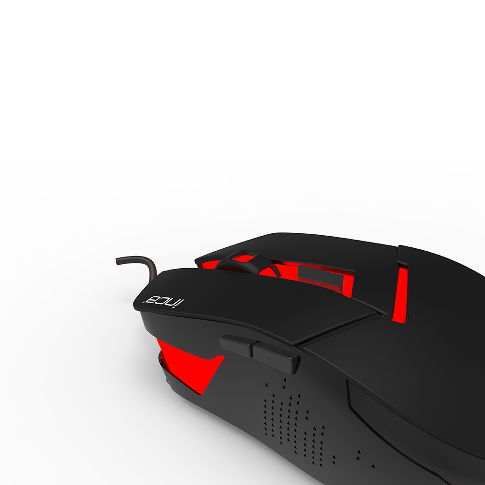 Czarna i czerwona mysz do gier na białym tle. Posiada przyciski, logo i kabel.