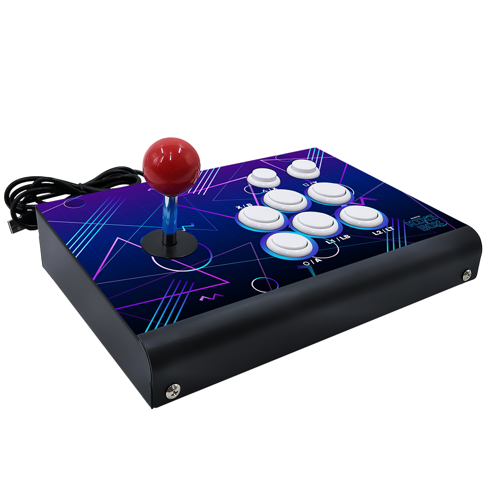 Joystick arcade con bola roja, cuerpo negro y diseño colorido.