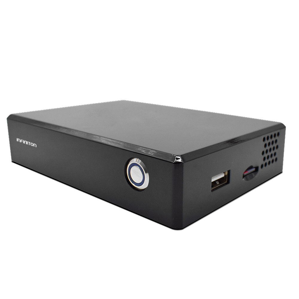 Caja multimedia negra con botón de encendido plateado, USB y ranura SD.