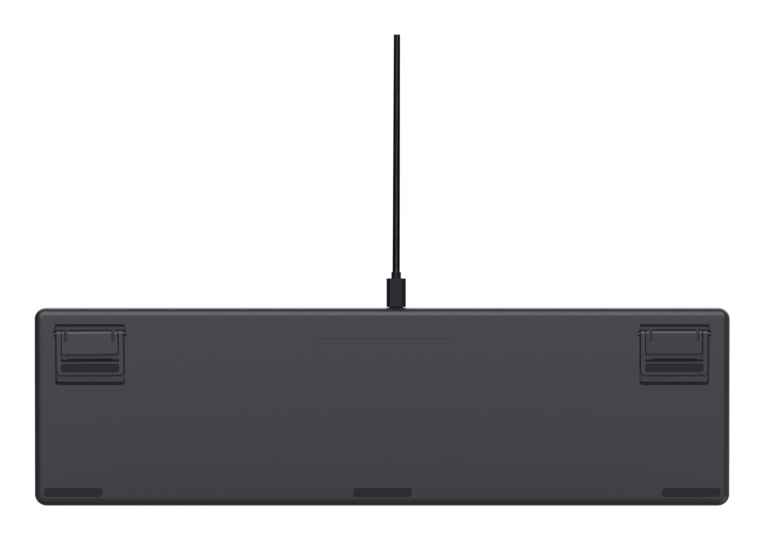 Czarna klawiatura od spodu, kabel podłączony. Widoczne dwie nóżki i dźwignie.