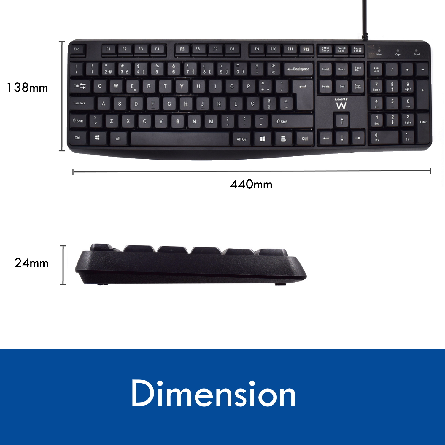 Tastiera nera, diagramma delle dimensioni, lunghezza 440mm, altezza 24mm, larghezza 138mm.