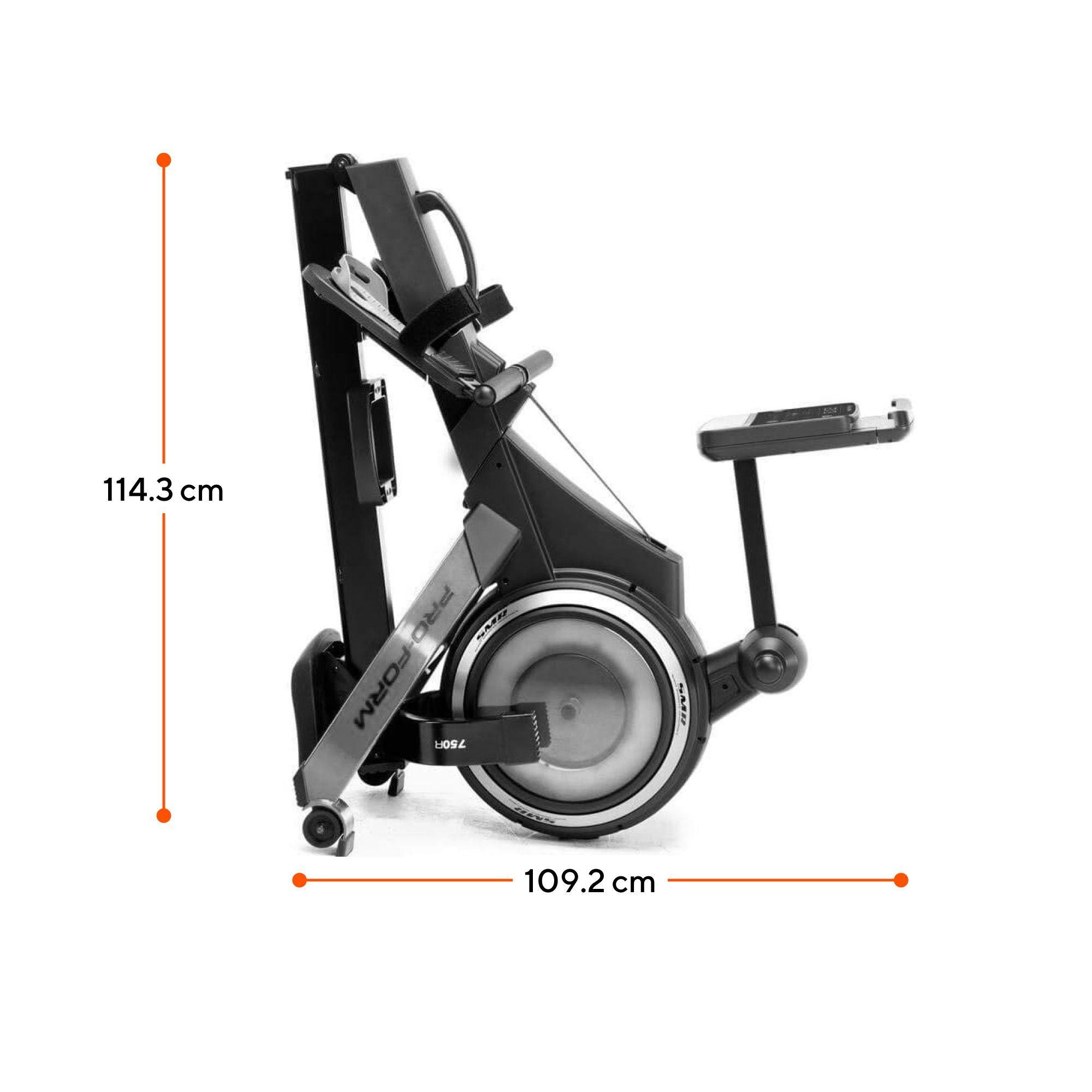 Eine zusammengeklappte Trainingsmaschine mit den Maßen 114,3 cm Höhe und 109,2 cm Länge.