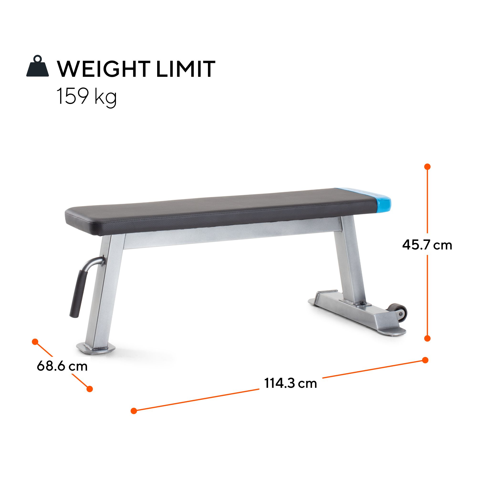 Eine flache Trainingsbank mit Maßen und einer Gewichtsbegrenzung von 159 kg.