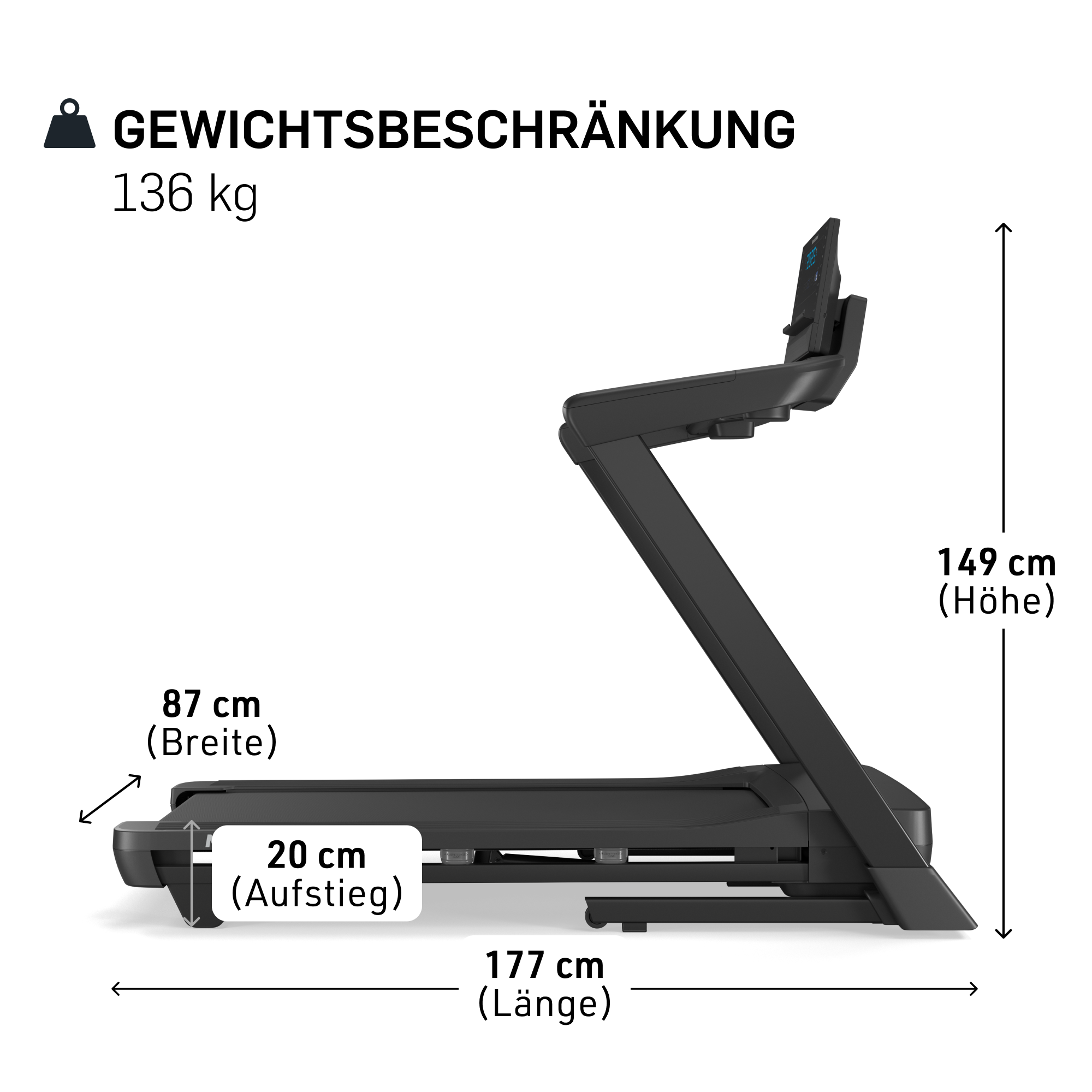 Schwarzes Laufband mit Höhen-, Breiten- und Längenangaben. Gewichtsbeschränkung beträgt 136 kg.