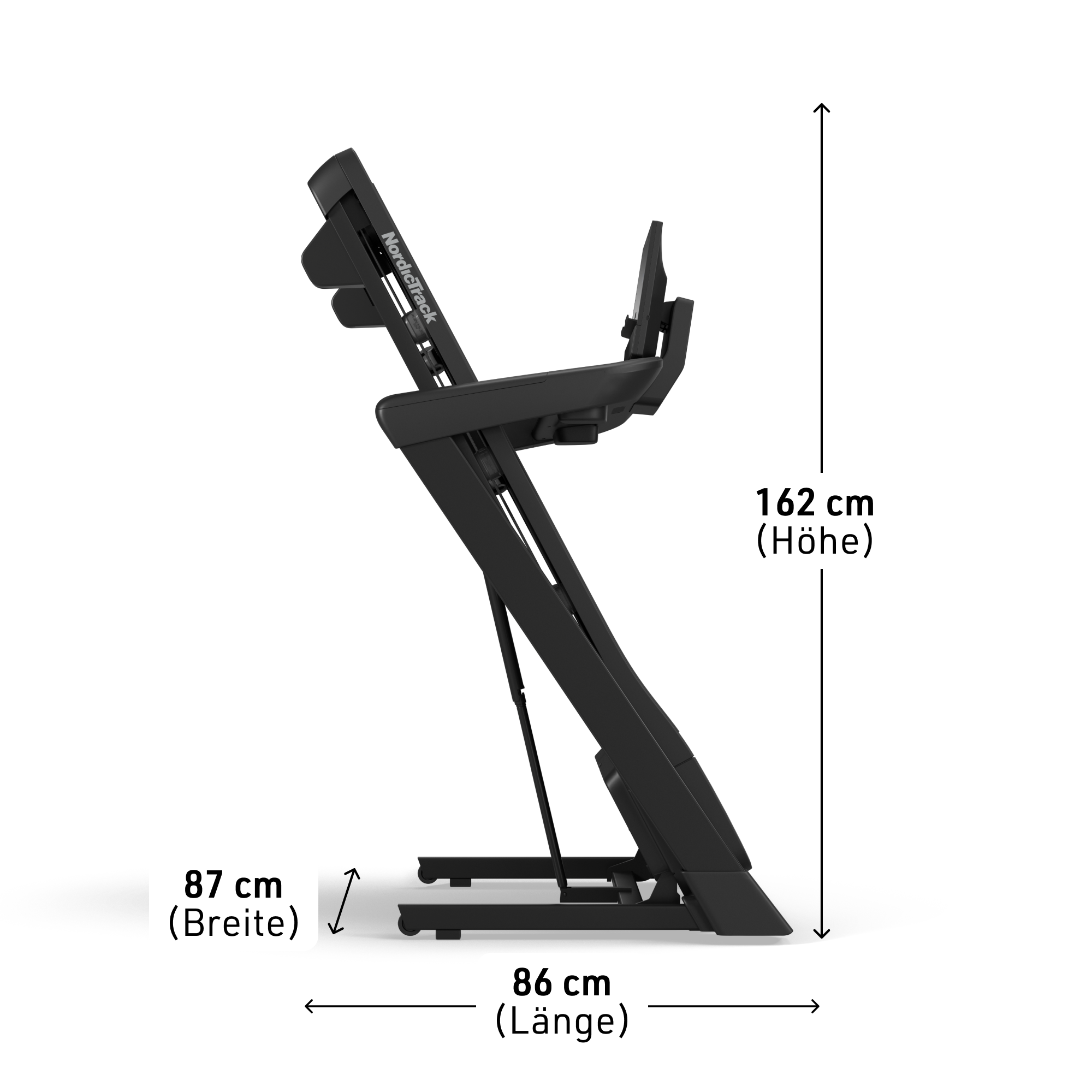 Schwarzes Laufband, Seitenansicht. Maße: 87 cm Breite, 86 cm Länge, 162 cm Höhe.