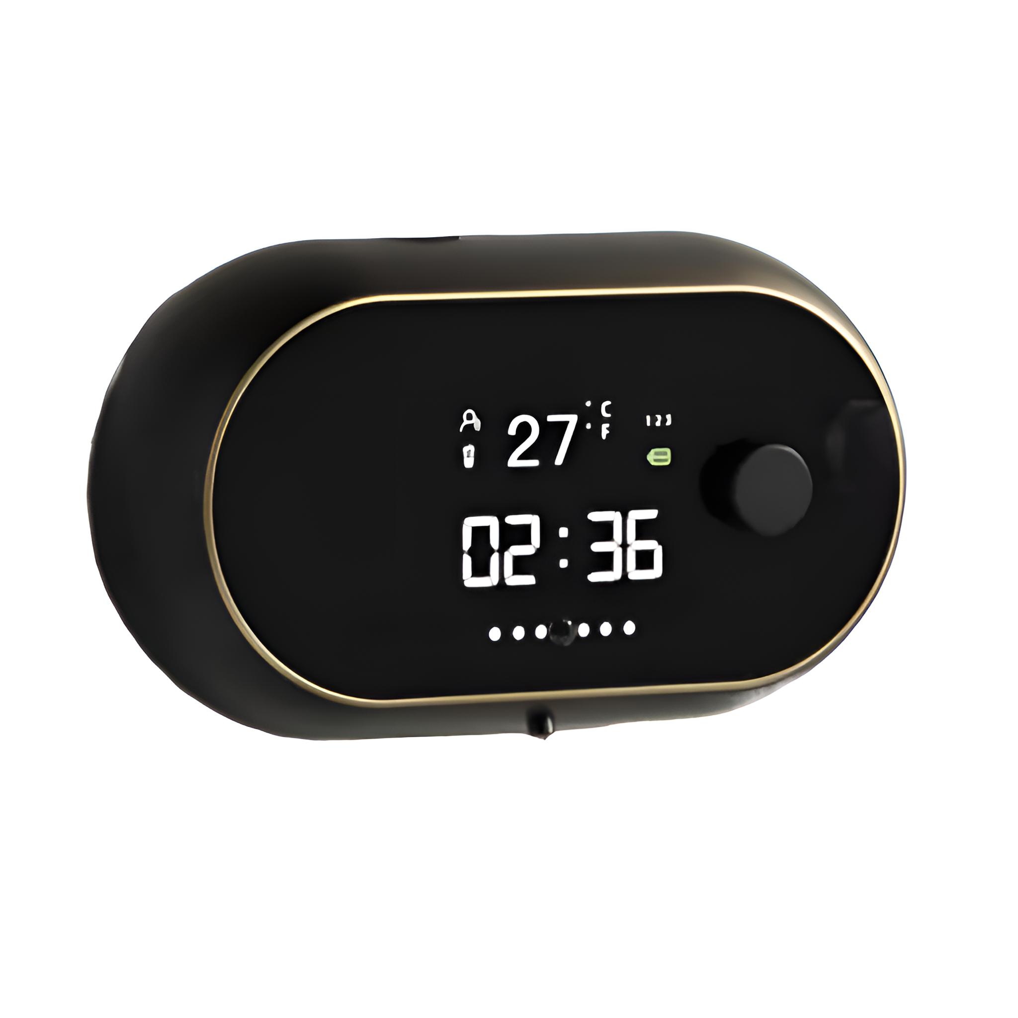 Ein schwarzes Smart-Home-Gerät mit einem Bildschirm, der Zeit, Temperatur und andere Daten anzeigt.