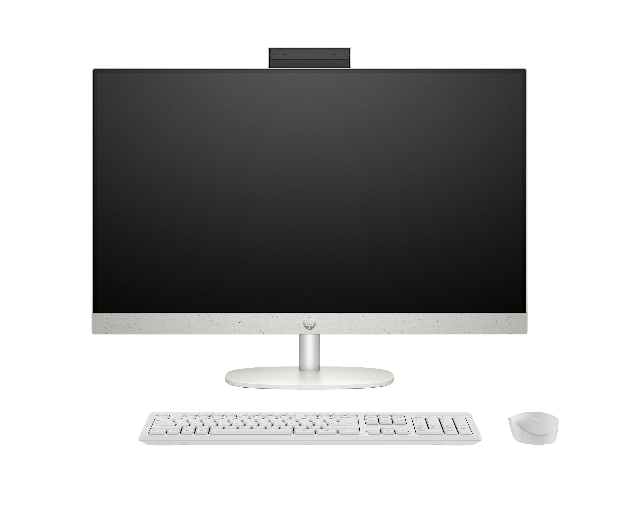 Computer all-in-one bianco con monitor, tastiera e mouse.