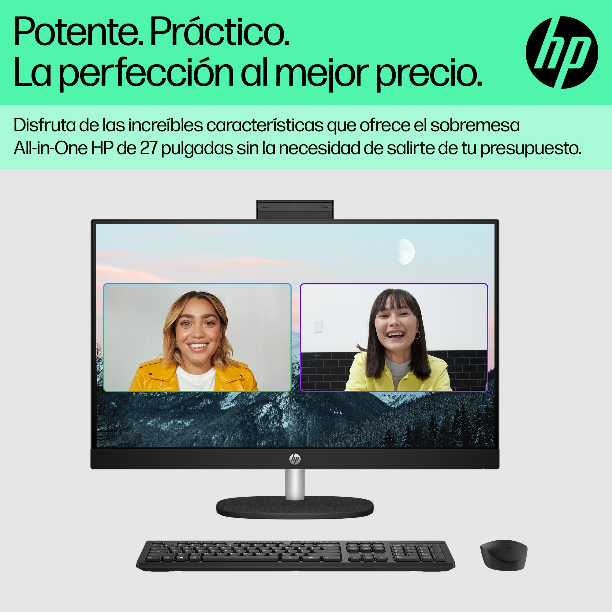 Komputer HP all-in-one pokazujący dwie osoby w rozmowach wideo. Czarna klawiatura i mysz z przodu.