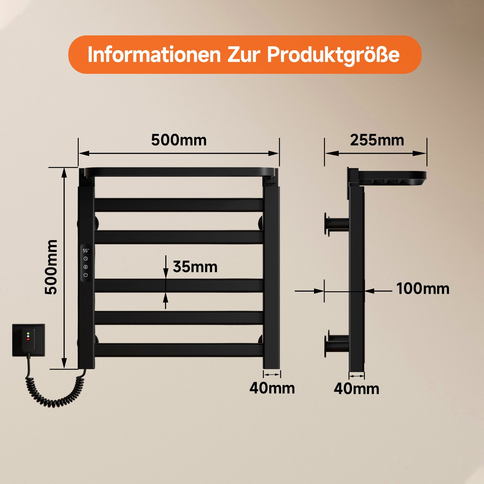 Diagramm mit Abmessungen eines schwarzen beheizten Handtuchhalters, Maße in mm.