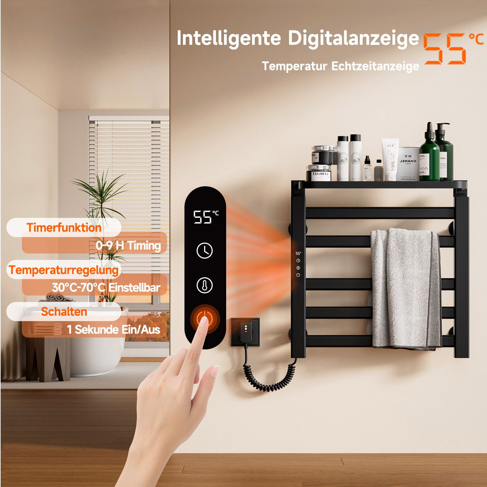 Digitaler Handtuchwärmer mit Anzeige und Hand, die einen Knopf berührt.