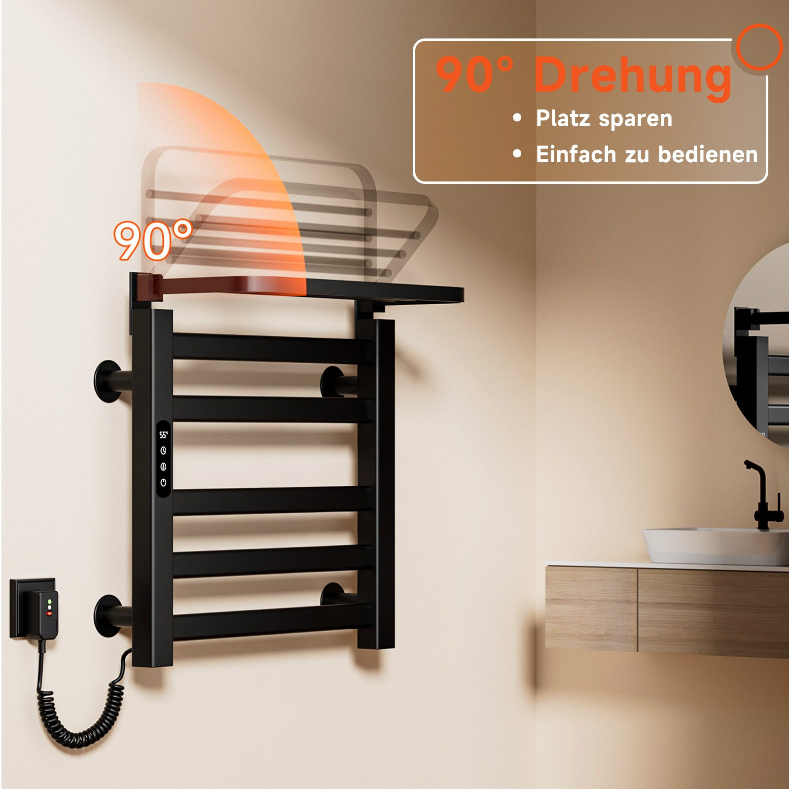 Ein schwarzer Handtuchwärmer an einer Wand, mit einem Diagramm, das eine 90-Grad-Drehung zeigt. Text sagt: "Einfach zu bedienen"
