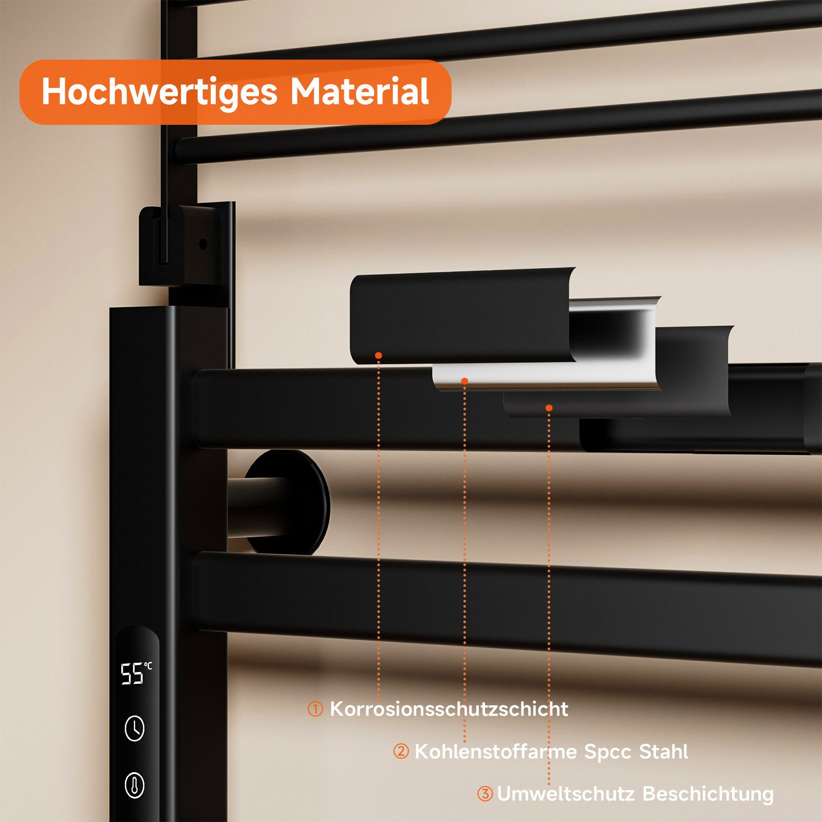 Schwarzer Handtuchwärmer mit Details zu den Materialien.