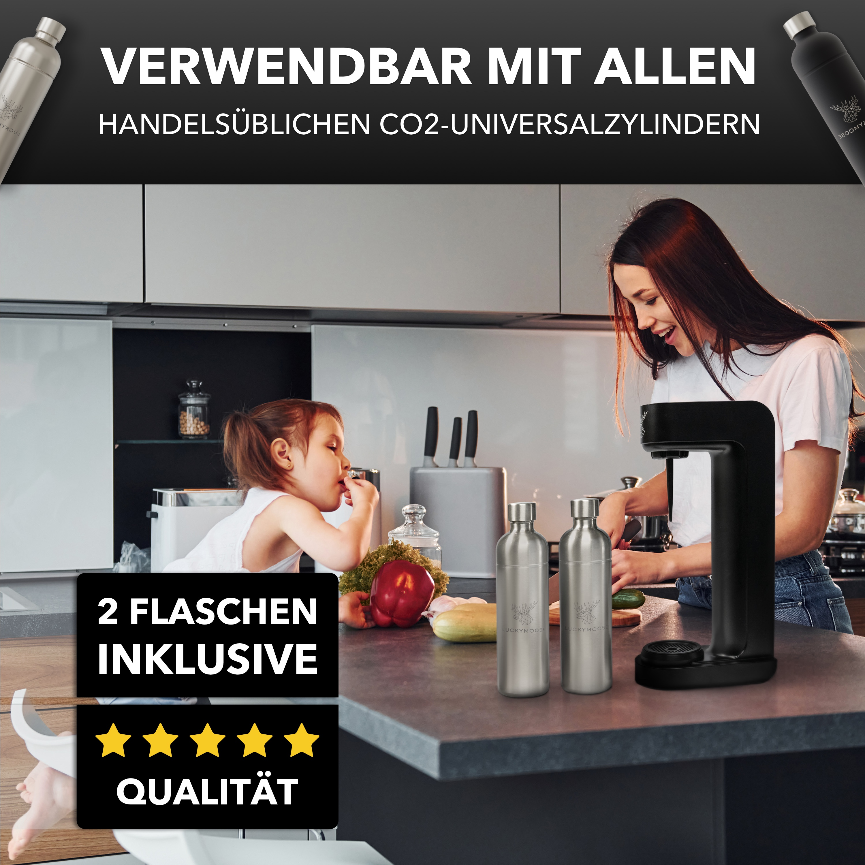 Eine Frau und ein Kind in einer Küche. Es gibt Wasserflaschen und eine Maschine. Text sagt CO2-Zylinder.