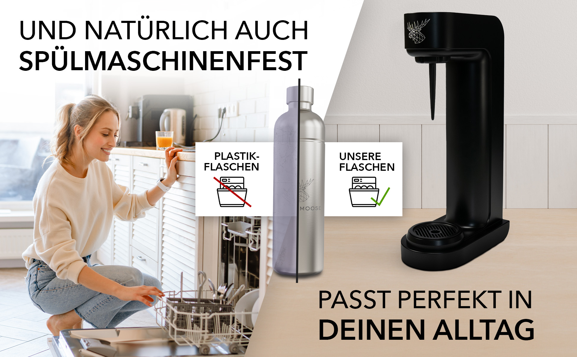 Blonde Frau in der Nähe der Spülmaschine, eine Edelstahlflasche und ein schwarzer Wasserspender mit deutschem Text.