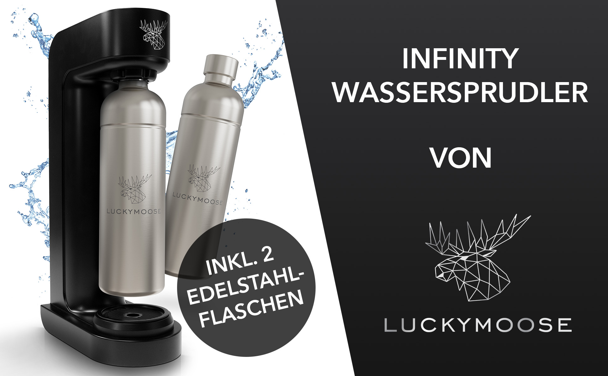 Wasserkohlensäuregerät mit zwei Metallflaschen. Schwarze Maschine mit Wasserspritzeffekt.