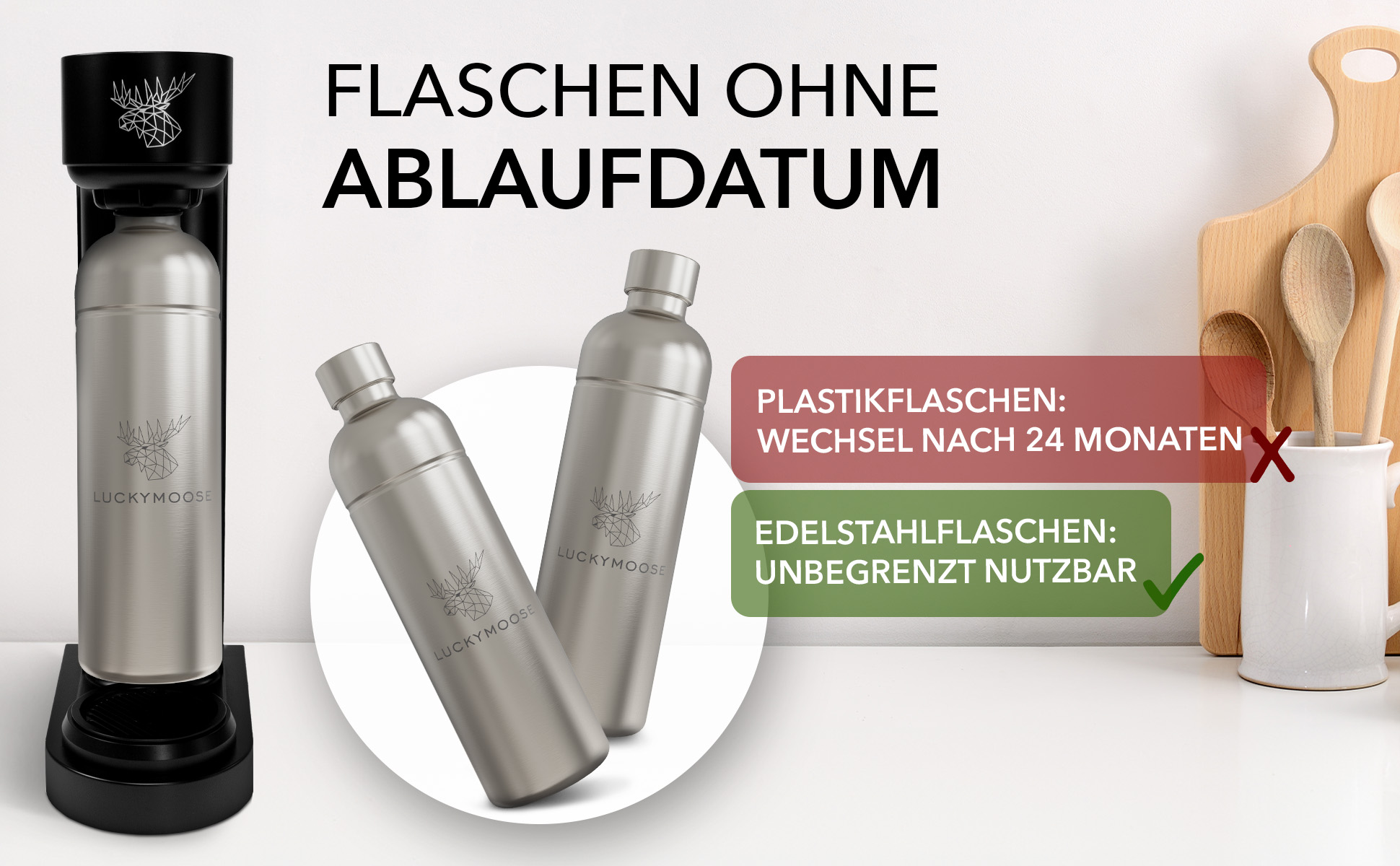 Eine Produktanzeige mit Flaschen, einem Spender und Text.