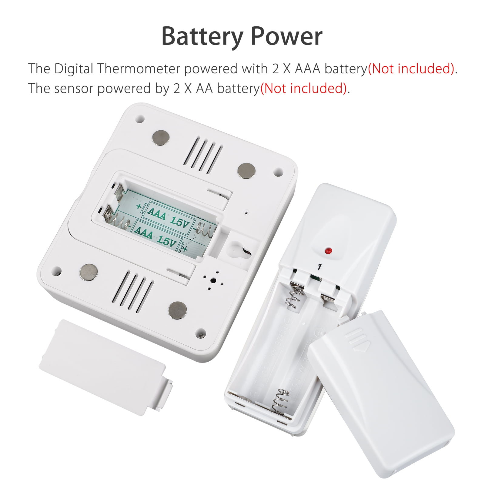 Weißes Thermometer mit geöffneten Batteriefächern. Text über Batterien. Weißer Hintergrund.