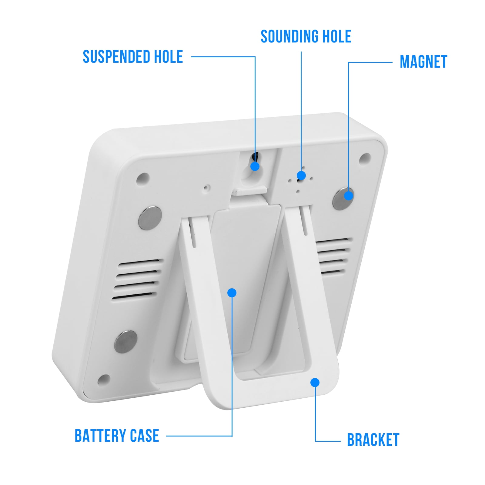 Rückseite eines weißen Timers mit Halterung, Batteriefach und Schallloch.