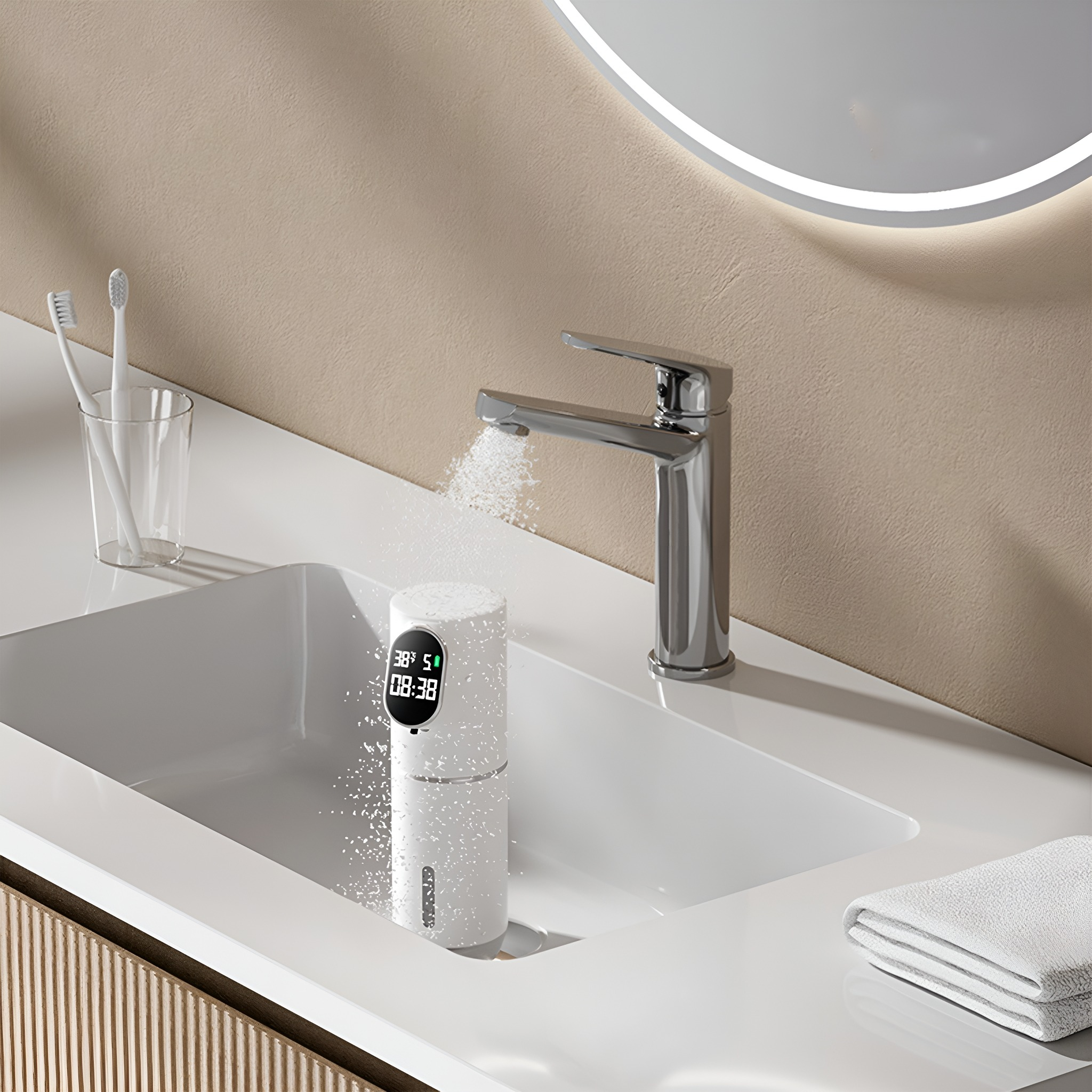 Modernes Badezimmerwaschbecken mit Wasserhahn, digitalem Wassergerät, Glas mit Zahnbürsten und Spiegel.