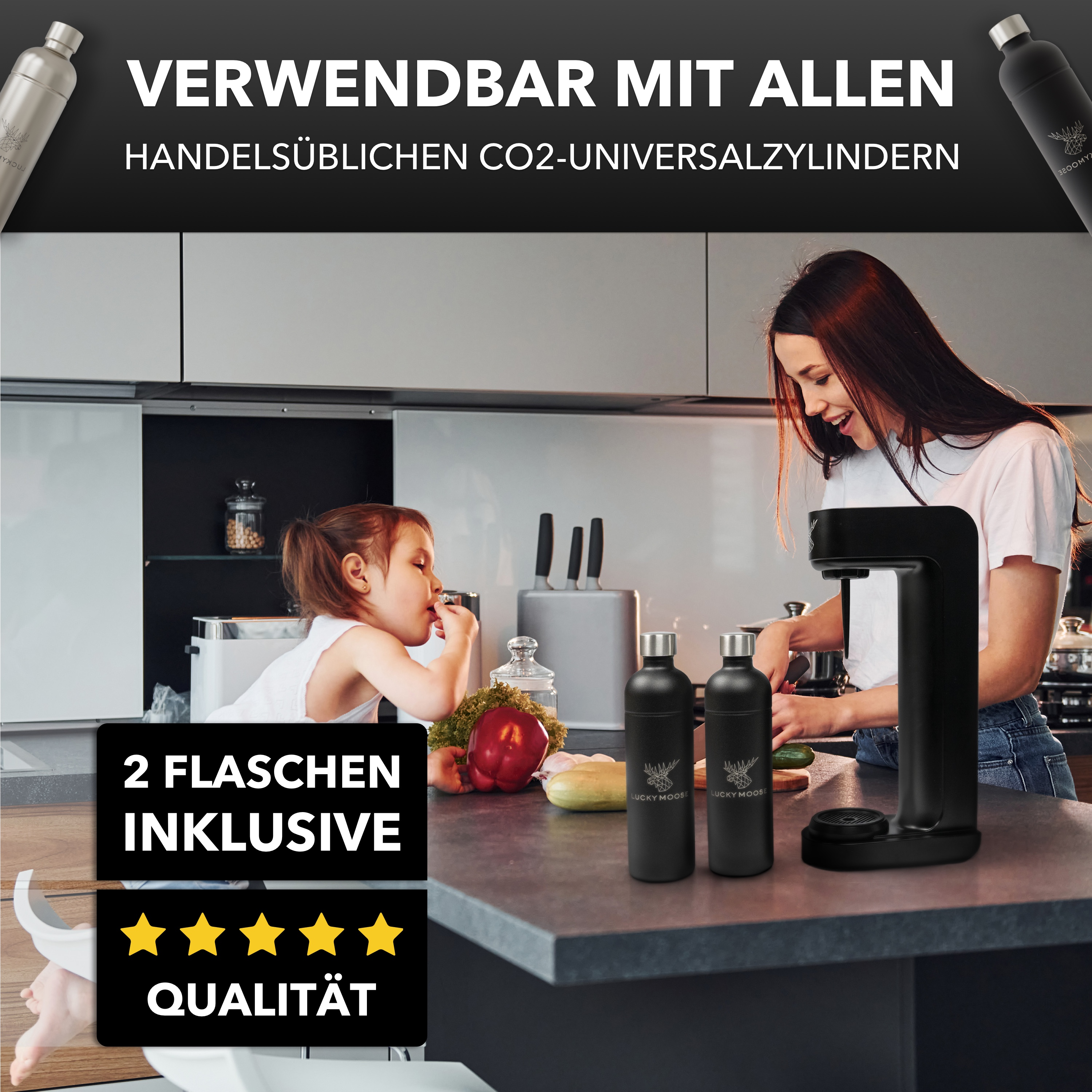 Frau, Kind und Theke mit CO2-Universalzylindersystem und Flaschen, Sterne.