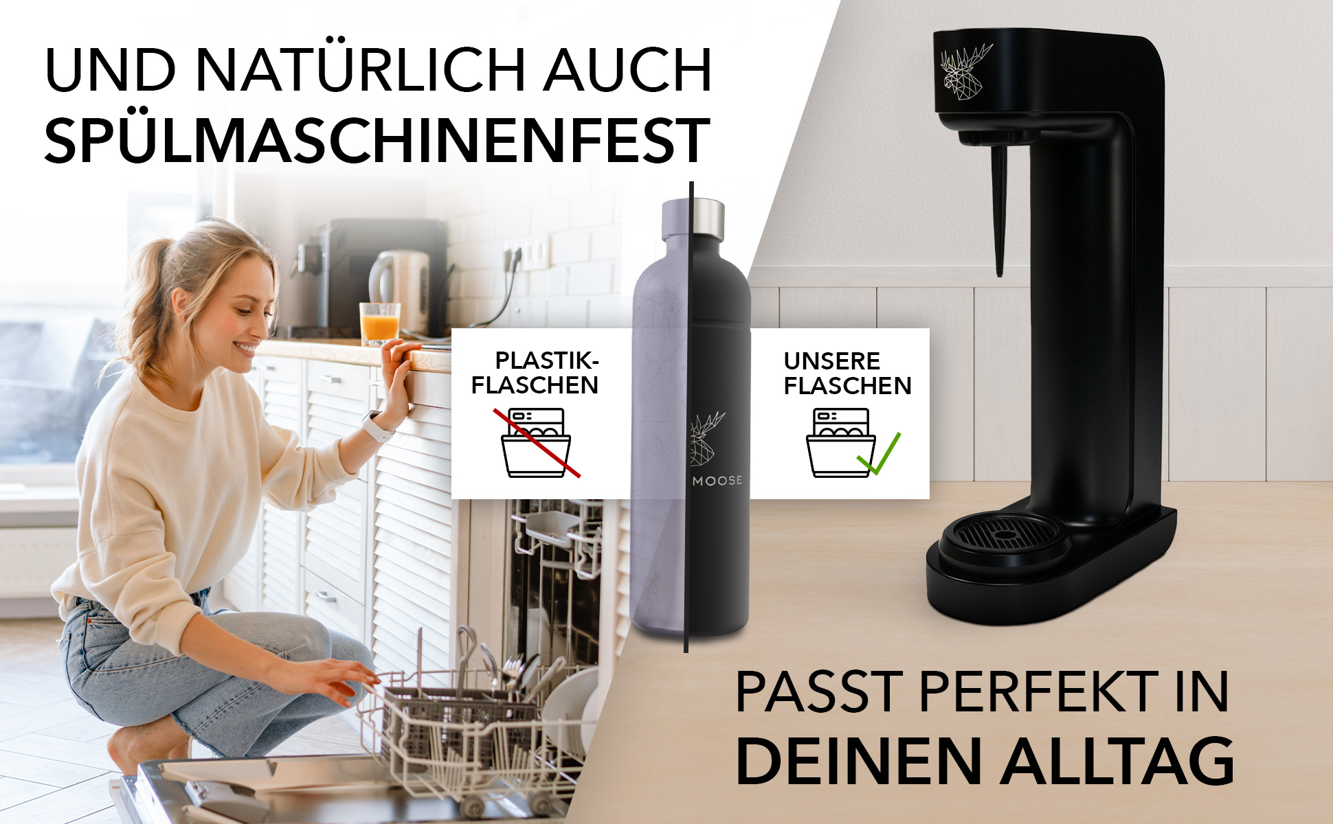 Frau in der Küche benutzt Spülmaschine mit Text über spülmaschinenfeste Flaschen.