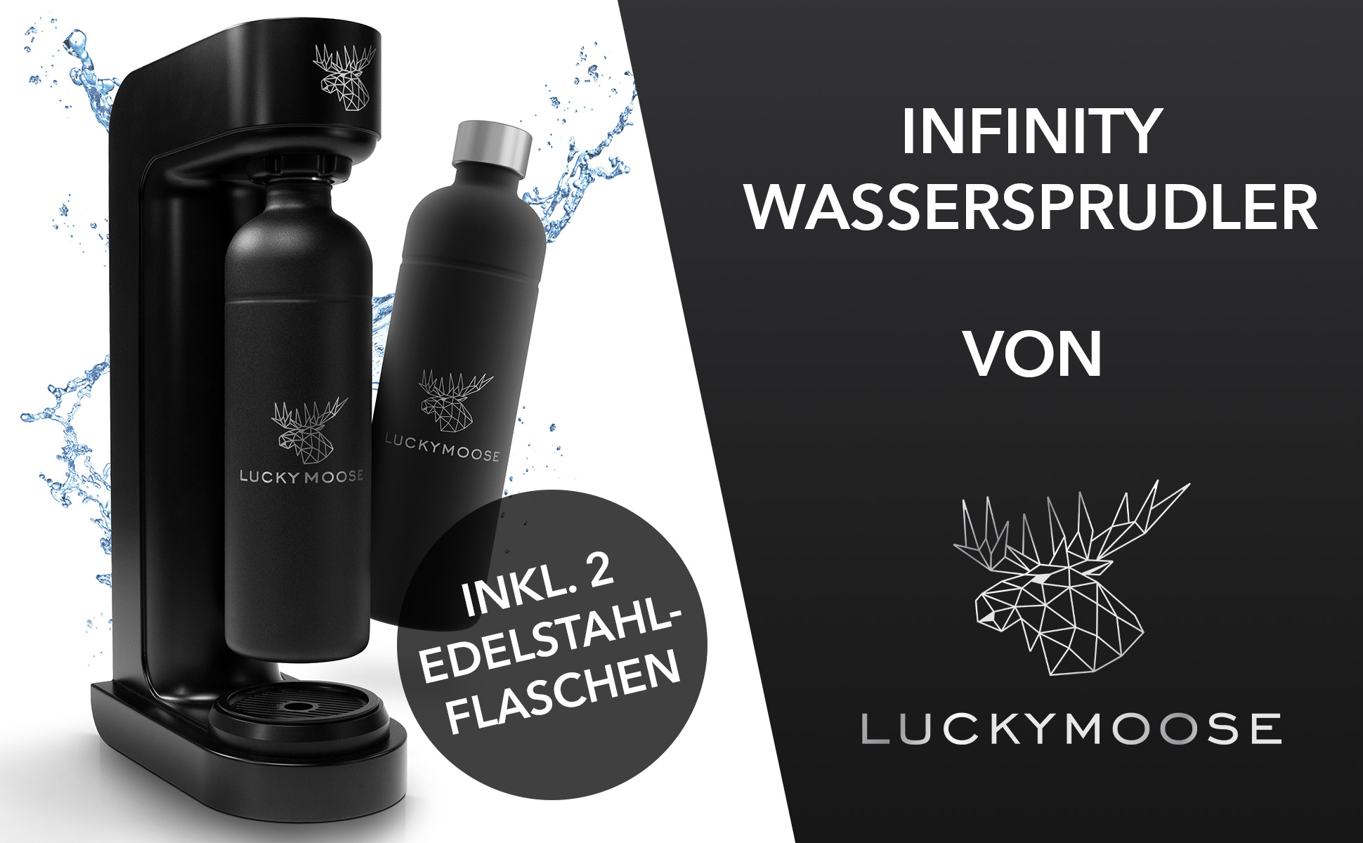 Schwarzer Wasserspender mit schwarzen Flaschen und Text: "INFINITY WASSERSPRUDLER VON LUCKYMOOSE".