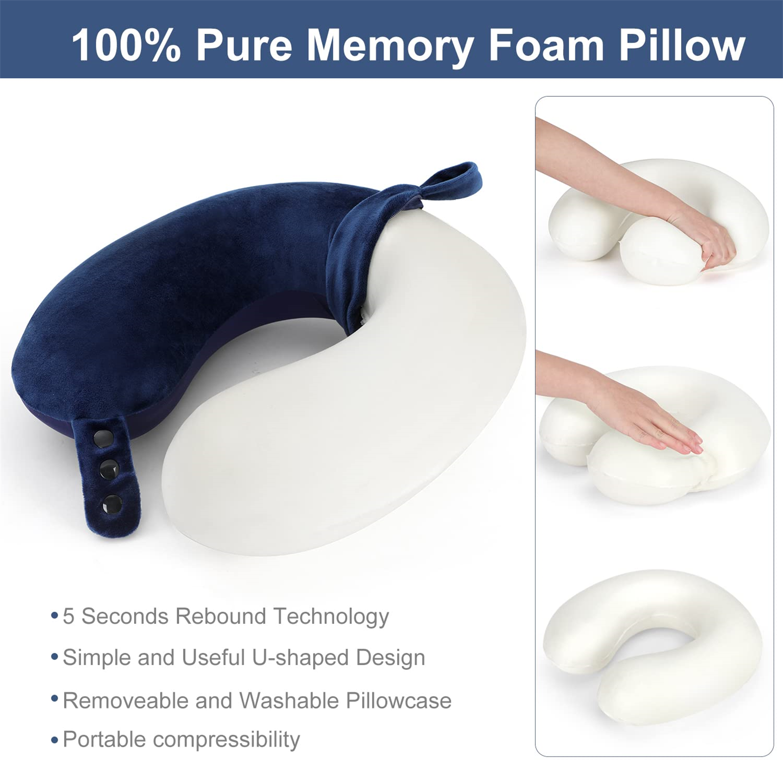Blau-weißes U-förmiges Memory-Foam-Kissen mit zusätzlichen Bildern der Kissenmerkmale.