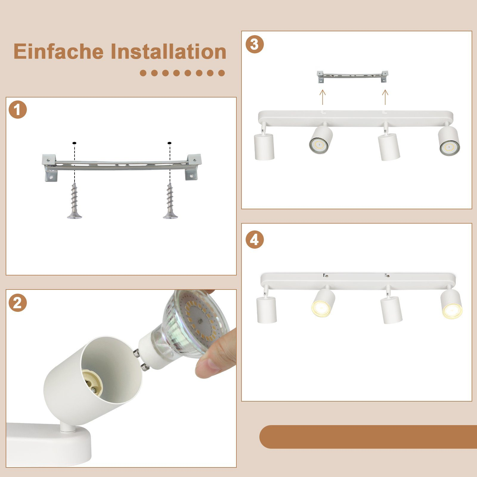 Diagramme zur Installation eines weißen Strahlers. Enthält Befestigungsmaterial und eine Glühbirne.