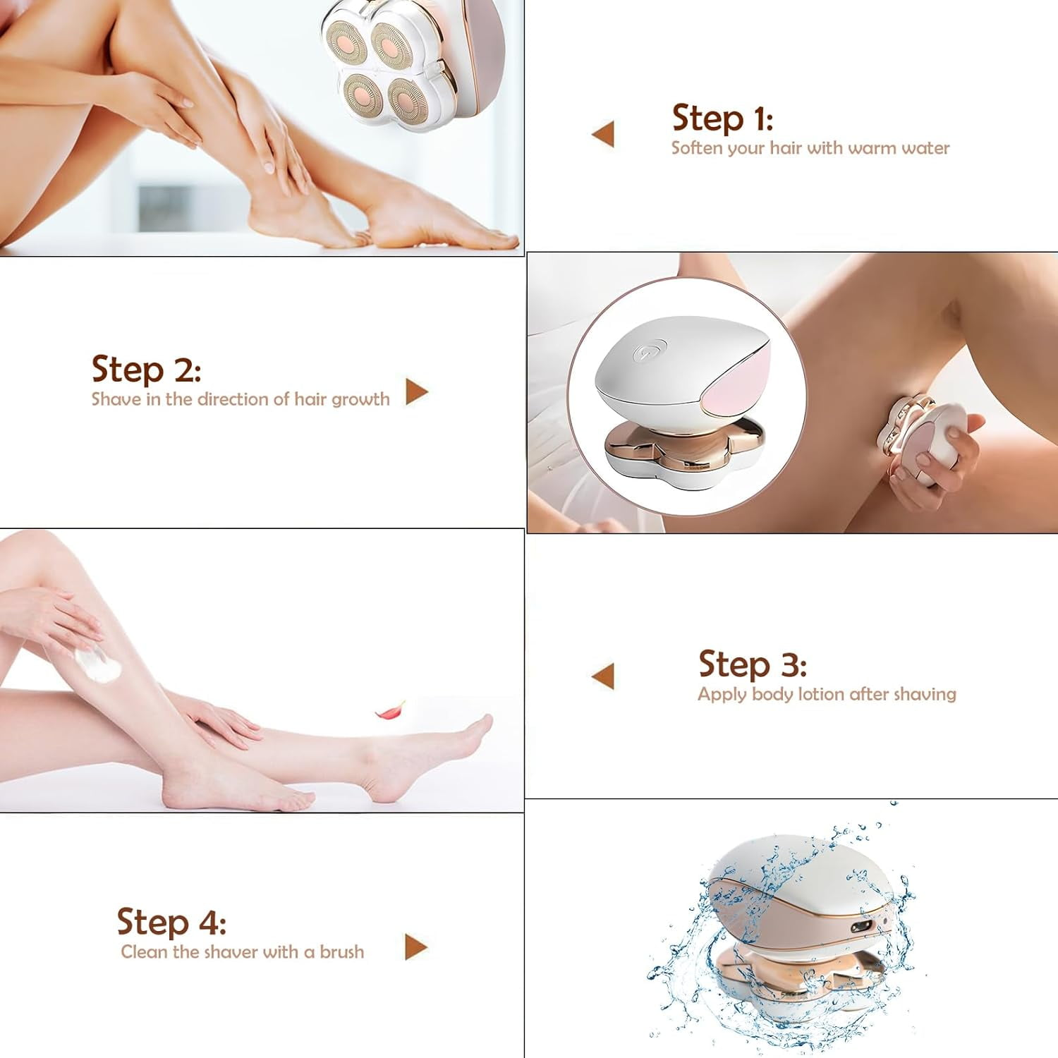 Bilder, die die Schritte zur Verwendung eines Epilierers an den Beinen zeigen: erweichen, rasieren, Lotion auftragen, Rasierer reinigen.