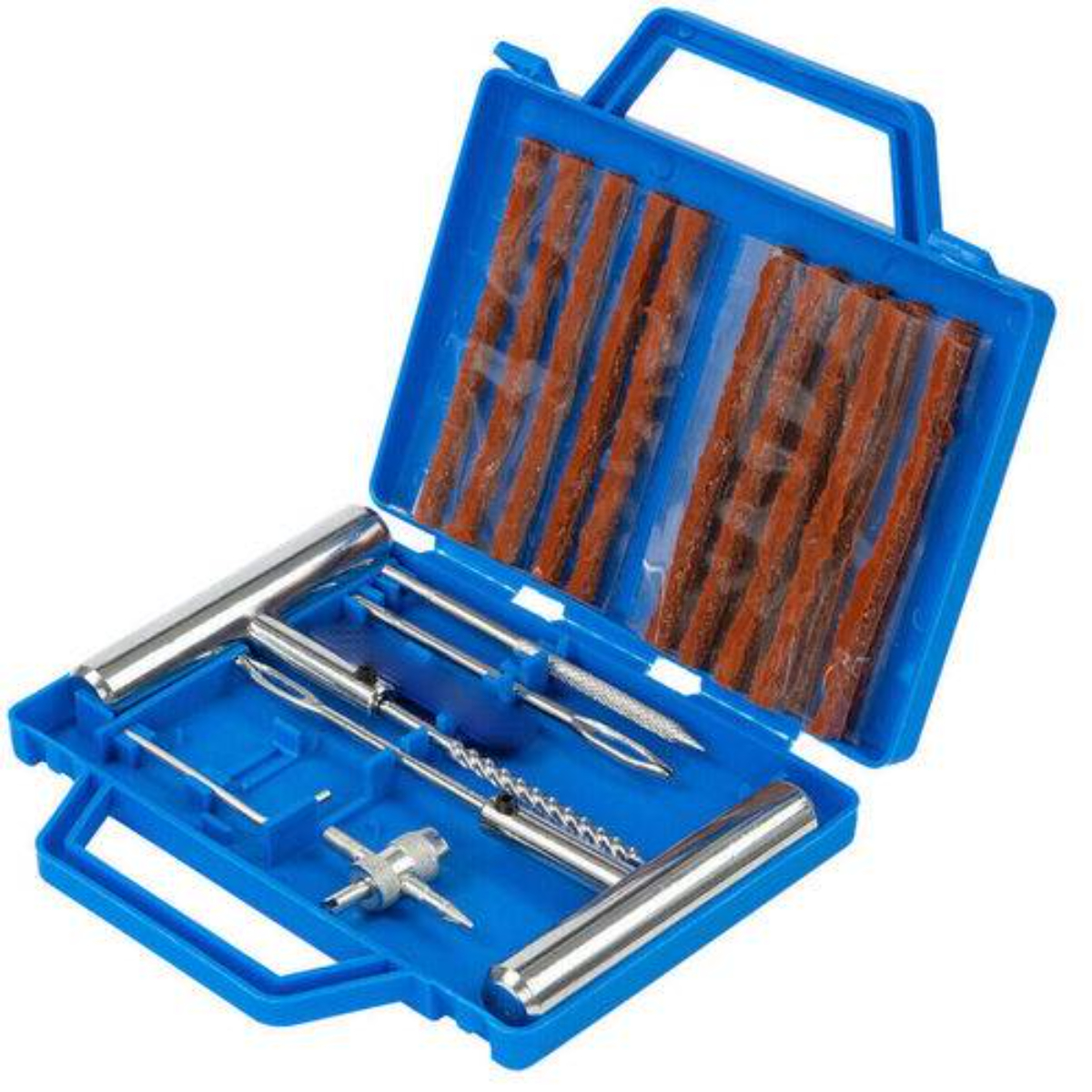 Offene blaue Kunststoff-Werkzeugkiste mit Reifenreparaturwerkzeugen.