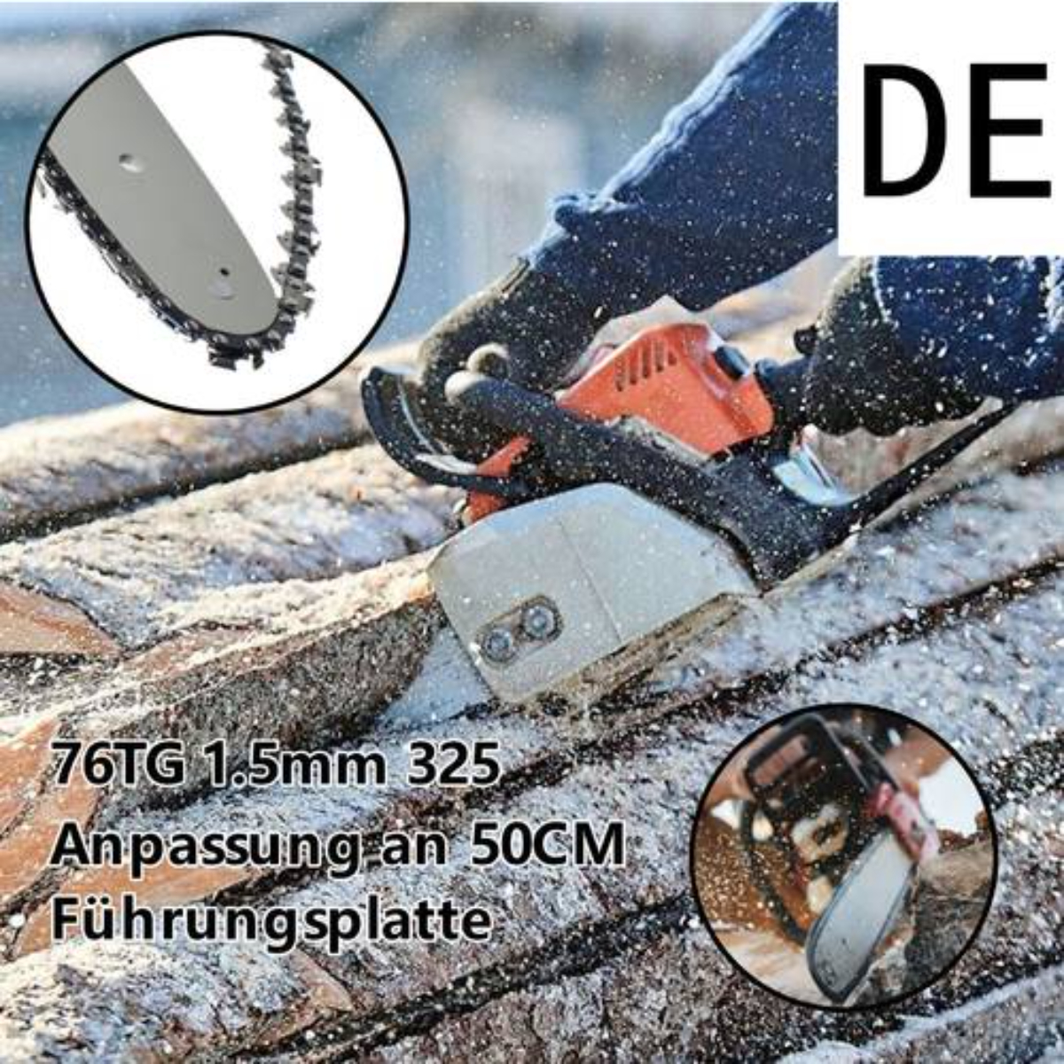 Eine Kettensäge schneidet durch Holz, mit dem Wort 'DE' rechts oben.