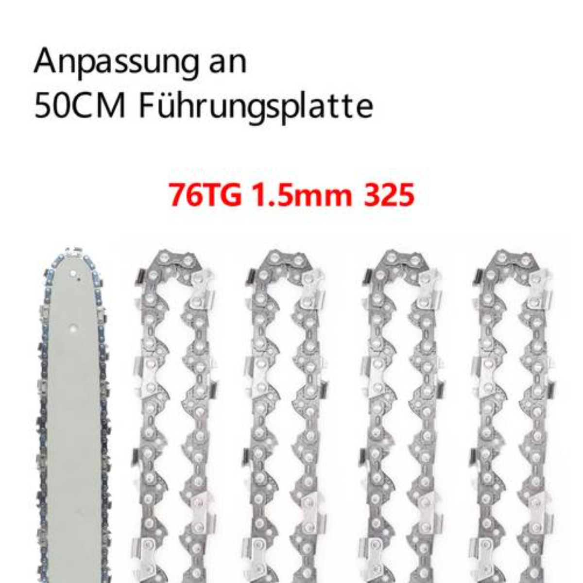 Kettensägenblätter in einer Reihe. Text oben gibt die Blattspezifikationen an. Silber und Grau.