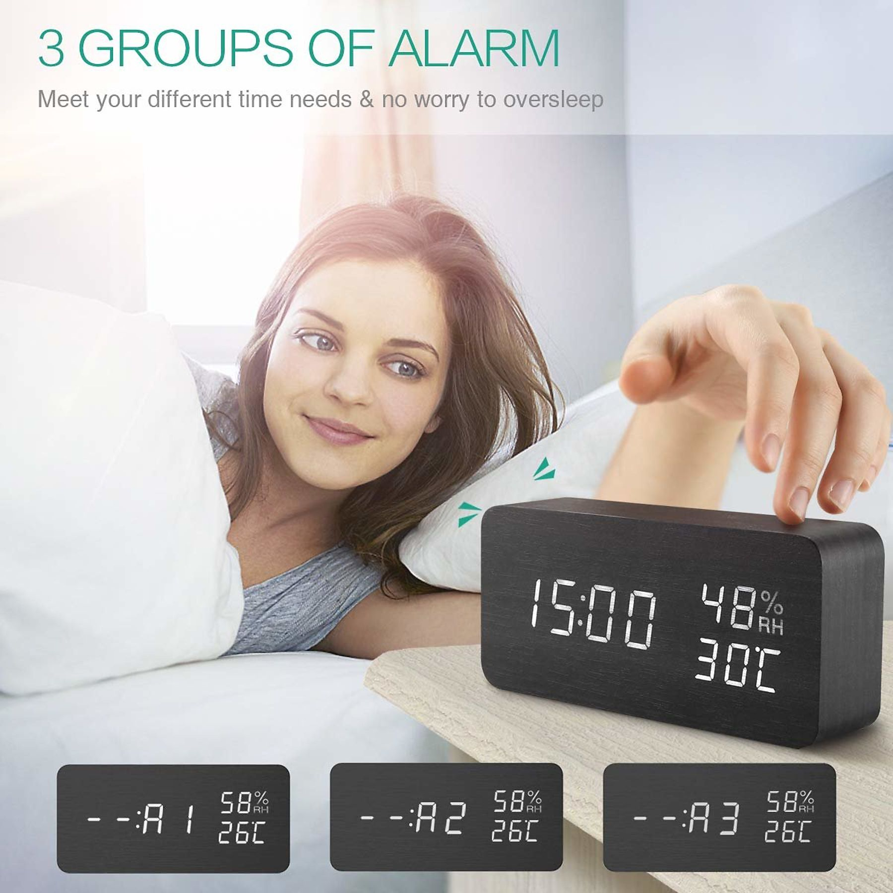 Frau im Bett mit Wecker. Uhr zeigt Zeit, Luftfeuchtigkeit und Temperatur.