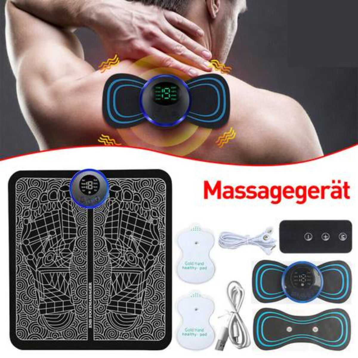 Mann mit EMS-Gerät auf der Schulter, mit Fußmassagegerät und weiteren Geräten.
