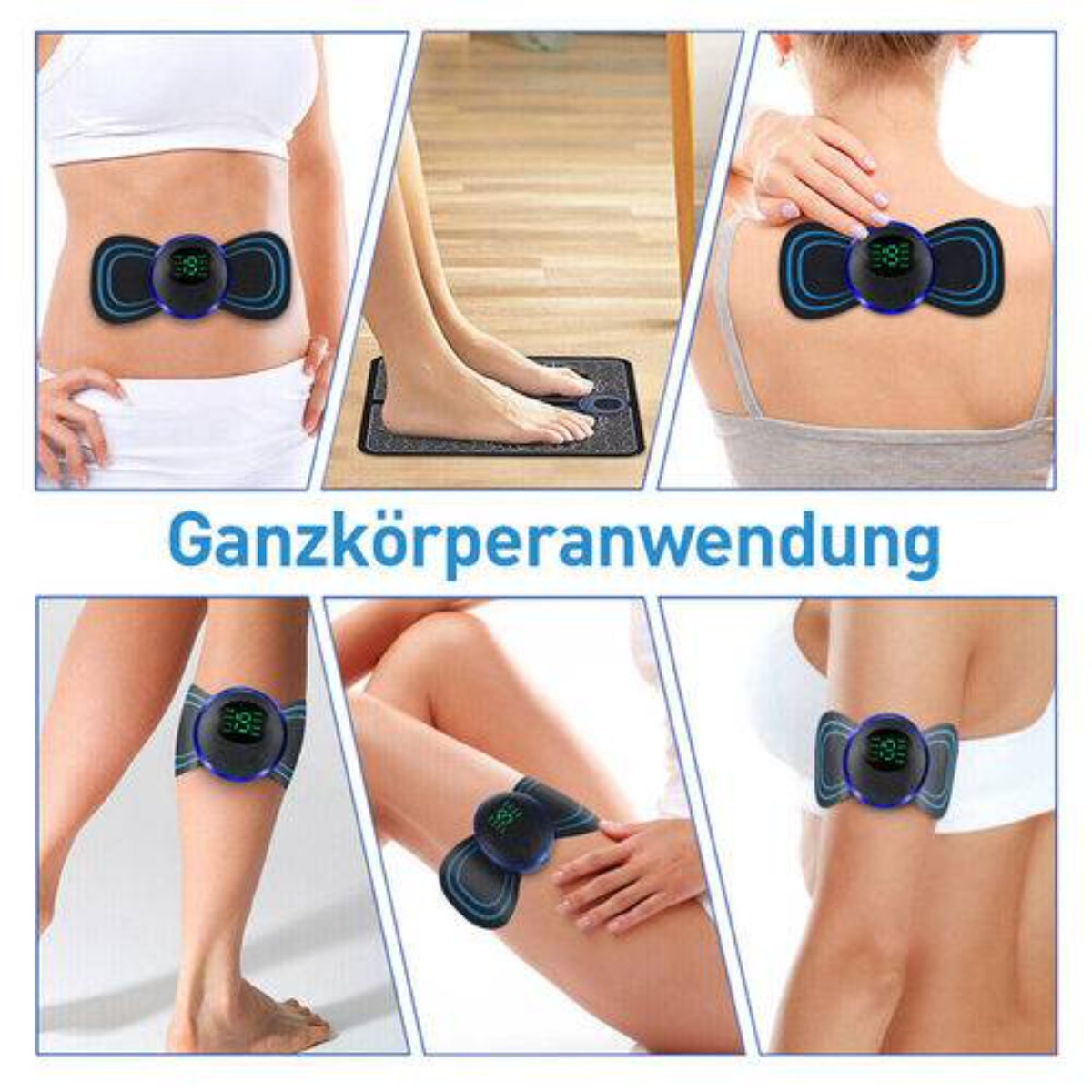 Mehrere Bilder zeigen die Verwendung von EMS-Pads an verschiedenen Körperteilen.