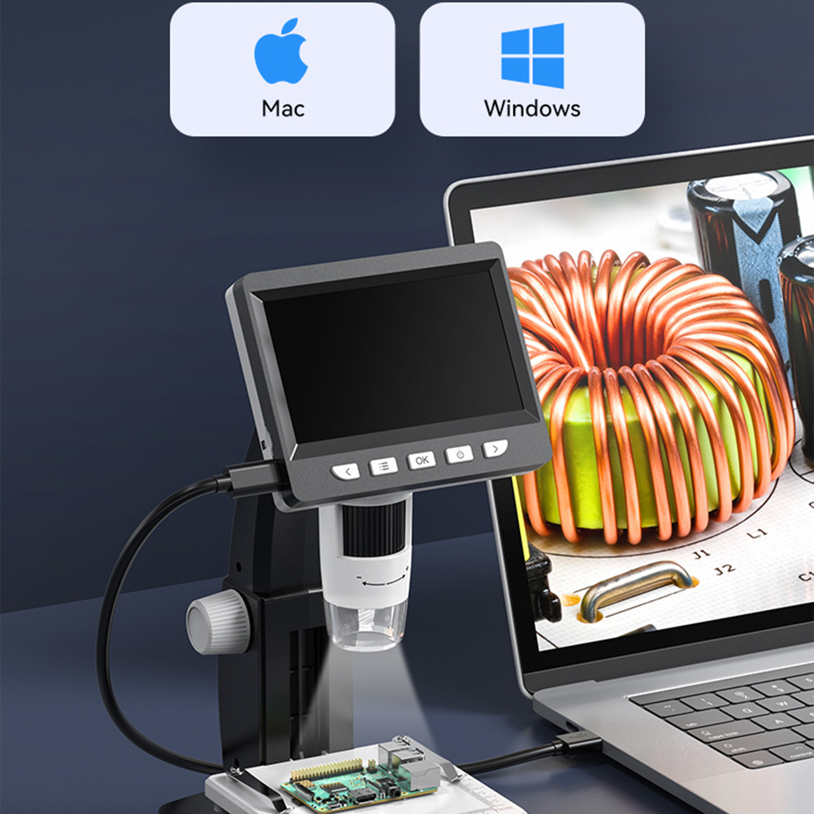 Mikroskop mit einem Laptop. Der Laptop zeigt das Bild einer Spule. Dunkler Hintergrund.