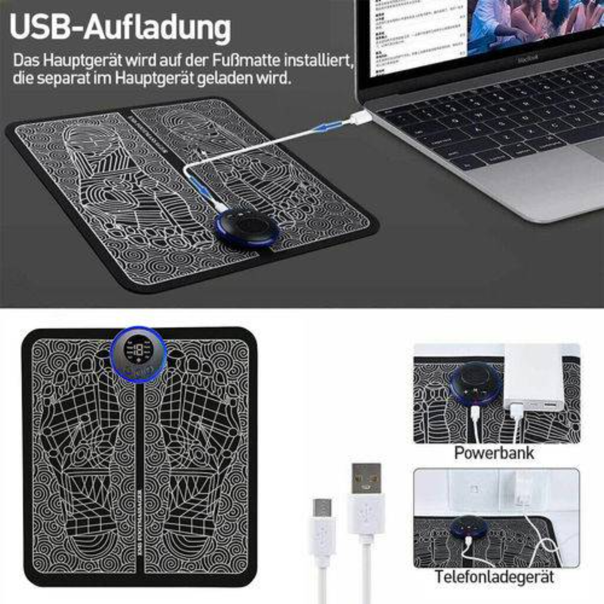 Fußmassagegerät mit Pad. USB-Aufladung. Laptop und Powerbank sind ebenfalls abgebildet.