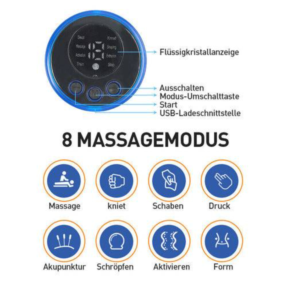 Blau-schwarzes Massagegerät mit Digitalanzeige und verschiedenen Massage-Modus-Symbolen.