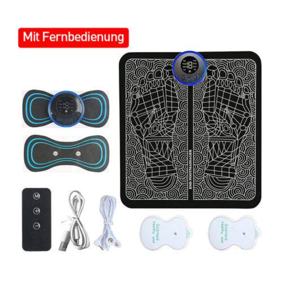 Ein Fußmassagegerät mit Fernbedienung und Pads. Das Massagegerät ist schwarz mit blauen Akzenten.