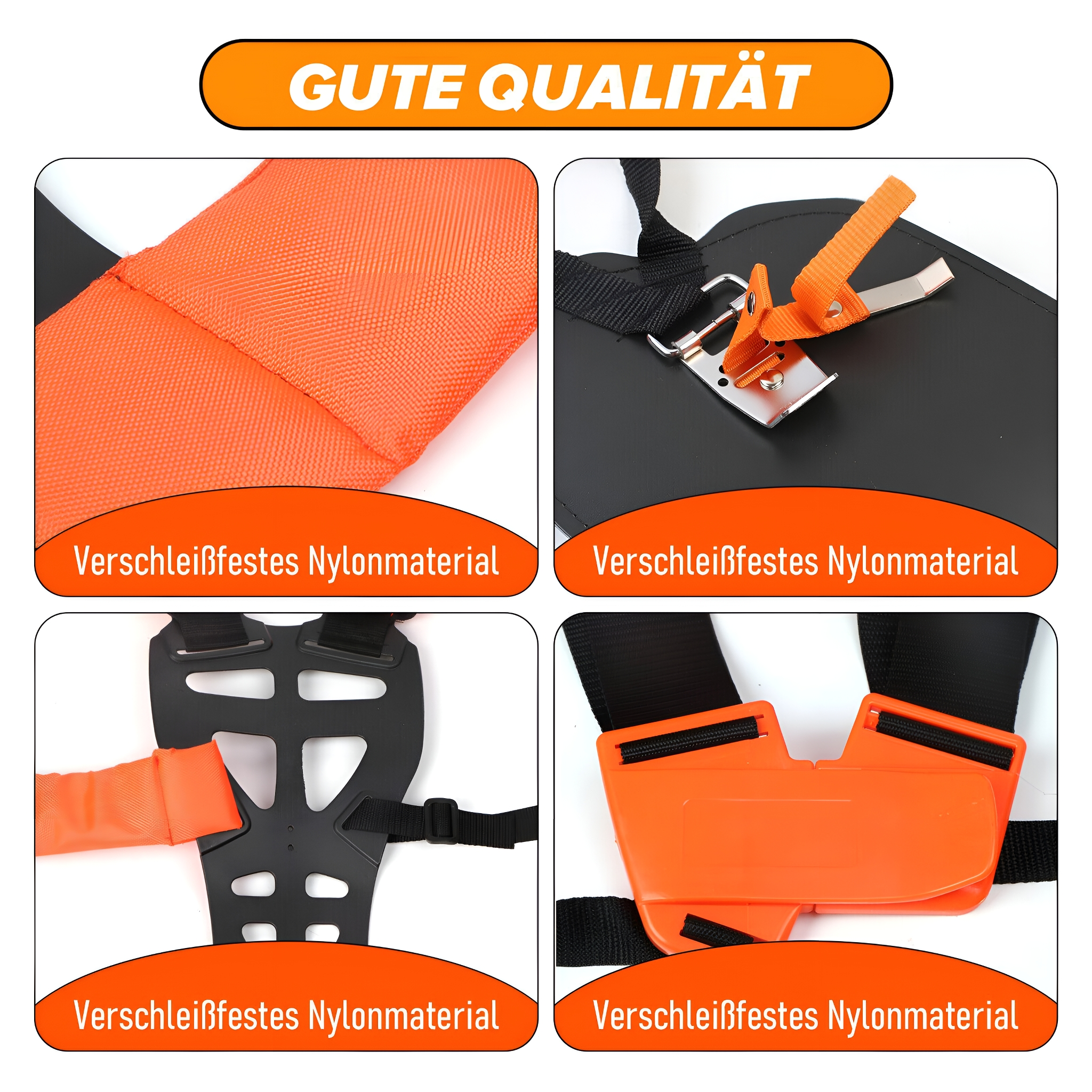 Nahaufnahmen von orangefarbenen und schwarzen Nylonriemen für einen Trimmer, die Qualität und Details zeigen.