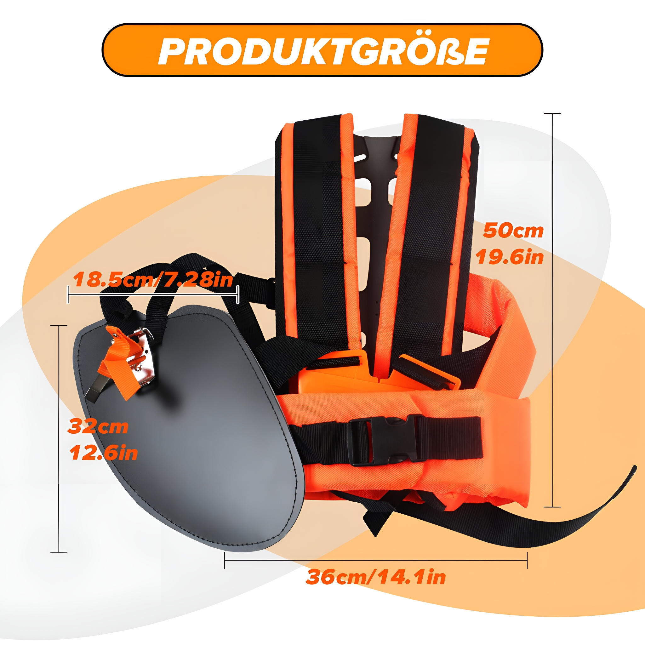 Orangener und schwarzer Trimmergurt, Produktgröße mit Abmessungen in cm und Zoll.