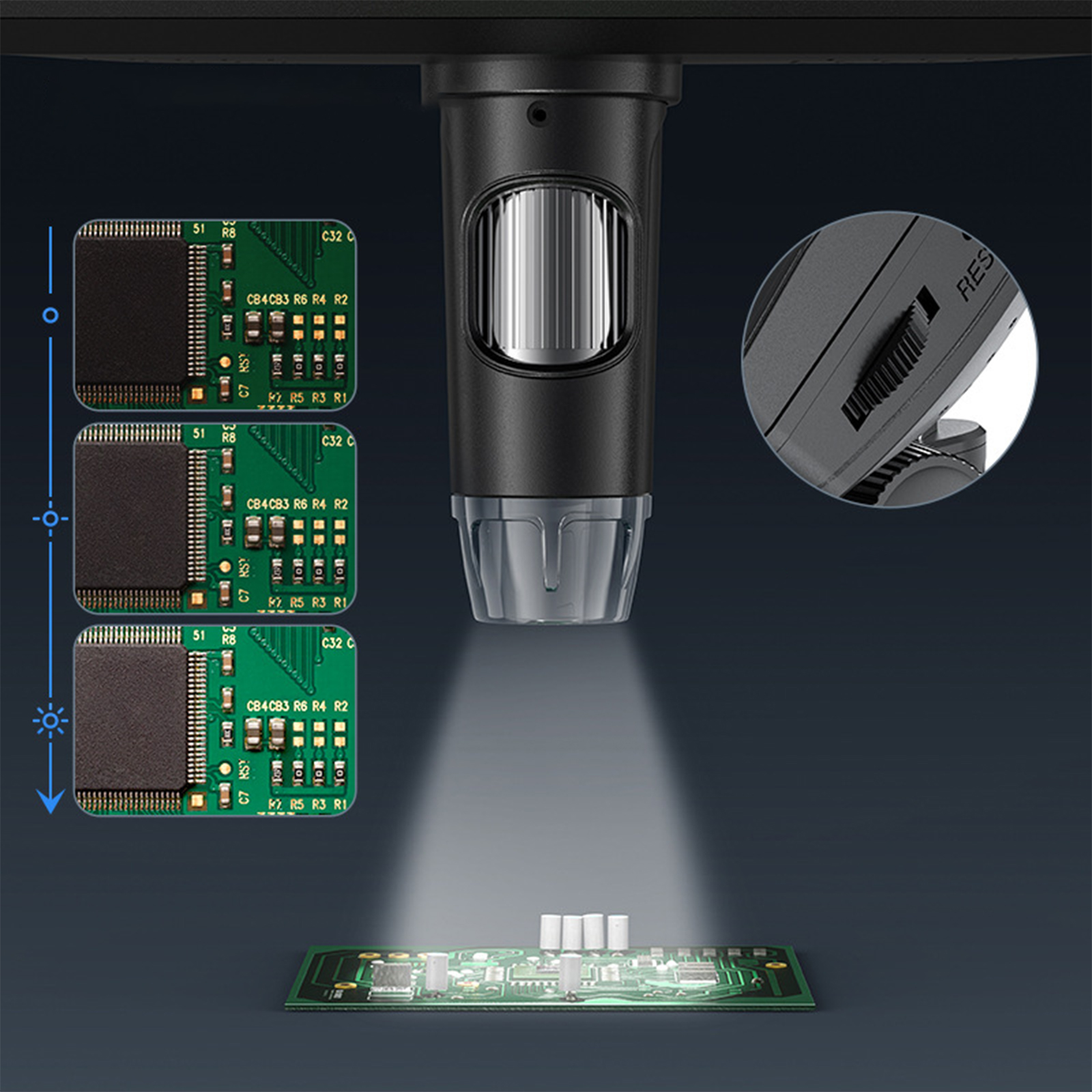 Mikroskop analysiert Leiterplatten. Das Mikroskop ist über der Platine und das Licht scheint.