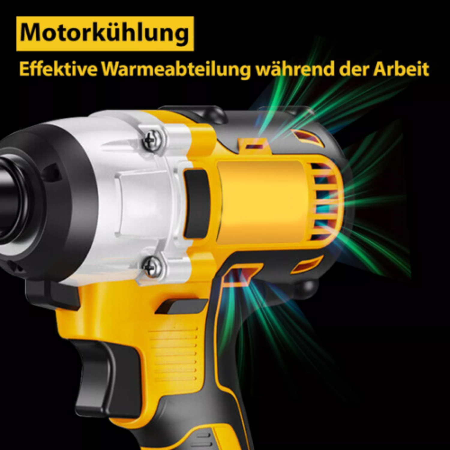 Gelb-schwarzer Akku-Schlagschrauber mit Wärmeableitung. Schwarzer Hintergrund.