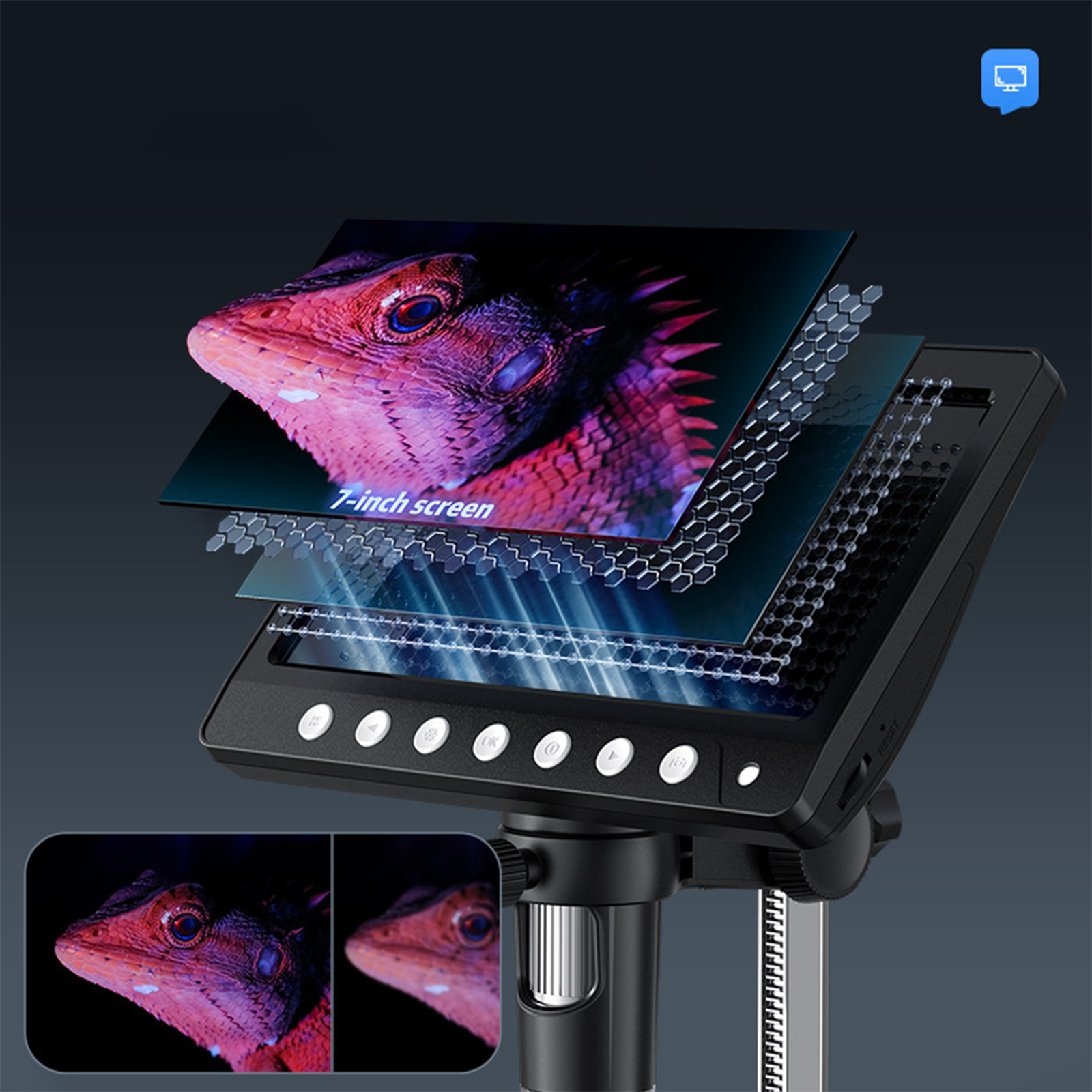 Ein digitales Mikroskop zeigt Ebenen eines Eidechsenbildes auf einem schwarzen Gerät.