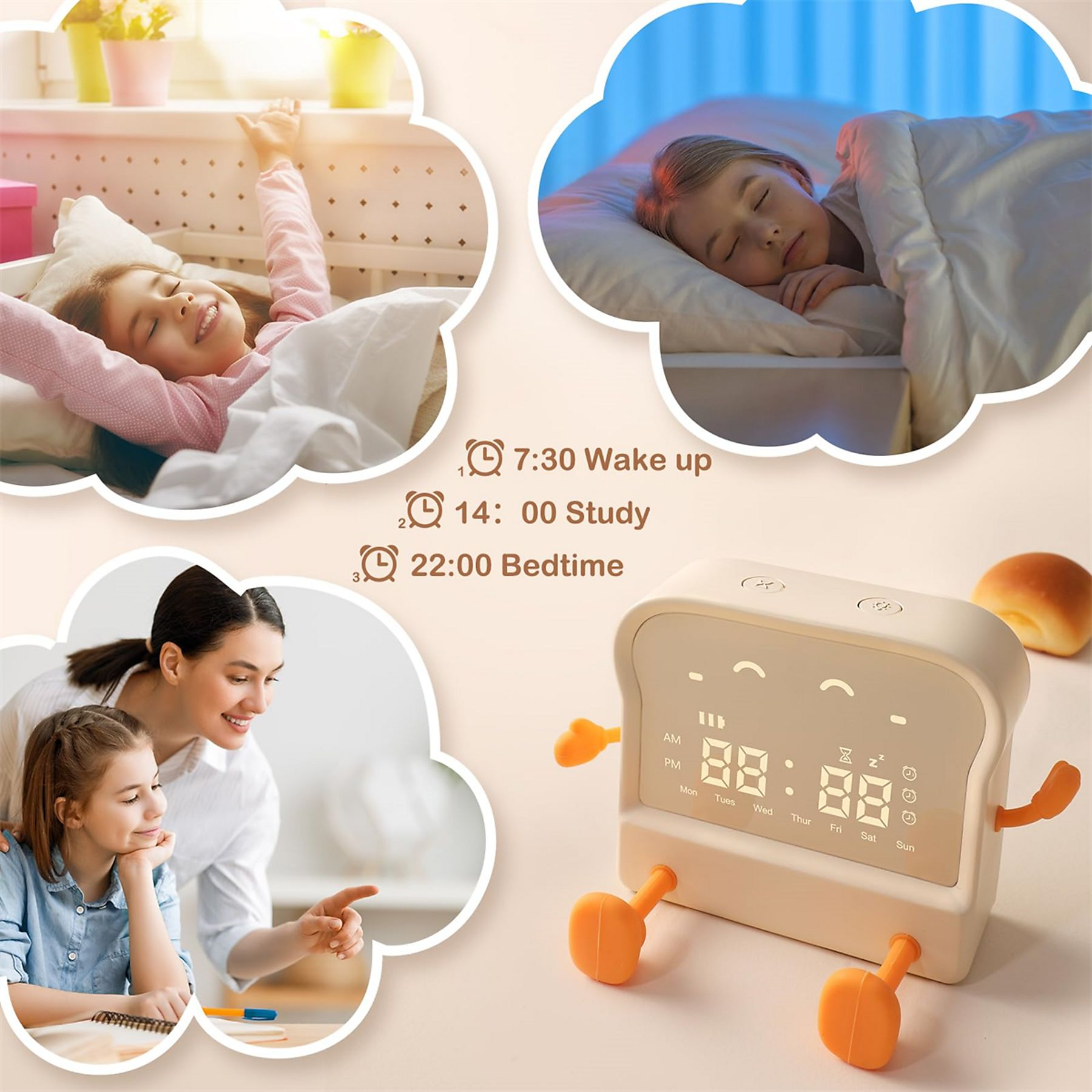 Das Bild zeigt eine Uhr in Toastform mit der Routine eines Kindes: Aufwachen, Lernen und Schlafenszeit. Eine Familie ist ebenfalls zu sehen.