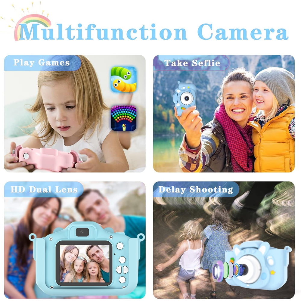 Kinderkamera mit Spielfunktionen, Selfie- und Verzögerungsaufnahmefunktionen und Dual-Objektiv.